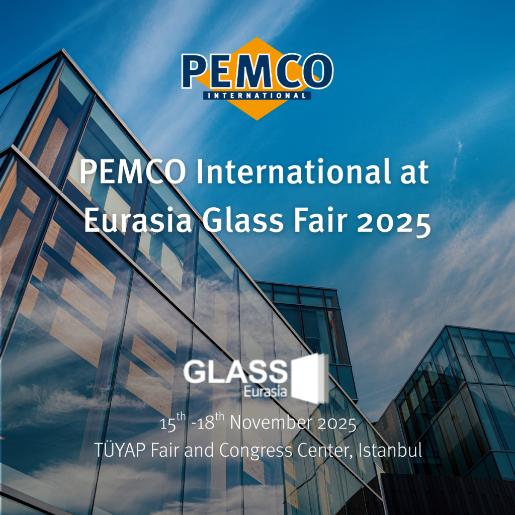 A glass building in the background with PEMCO International's logo at the top and a title PEMCO International at Eurasia Glass Fair 2025 in the middle. Then the Glass Eurasia logo and the event information lower down.