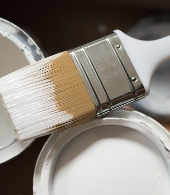 Two paint tins with white paint inside and a paintbrush positioned in the middle